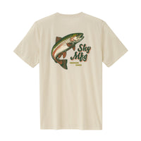 Back view of cream short-sleeve crew neck tee with colorful leaping trout graphic and retro lettering