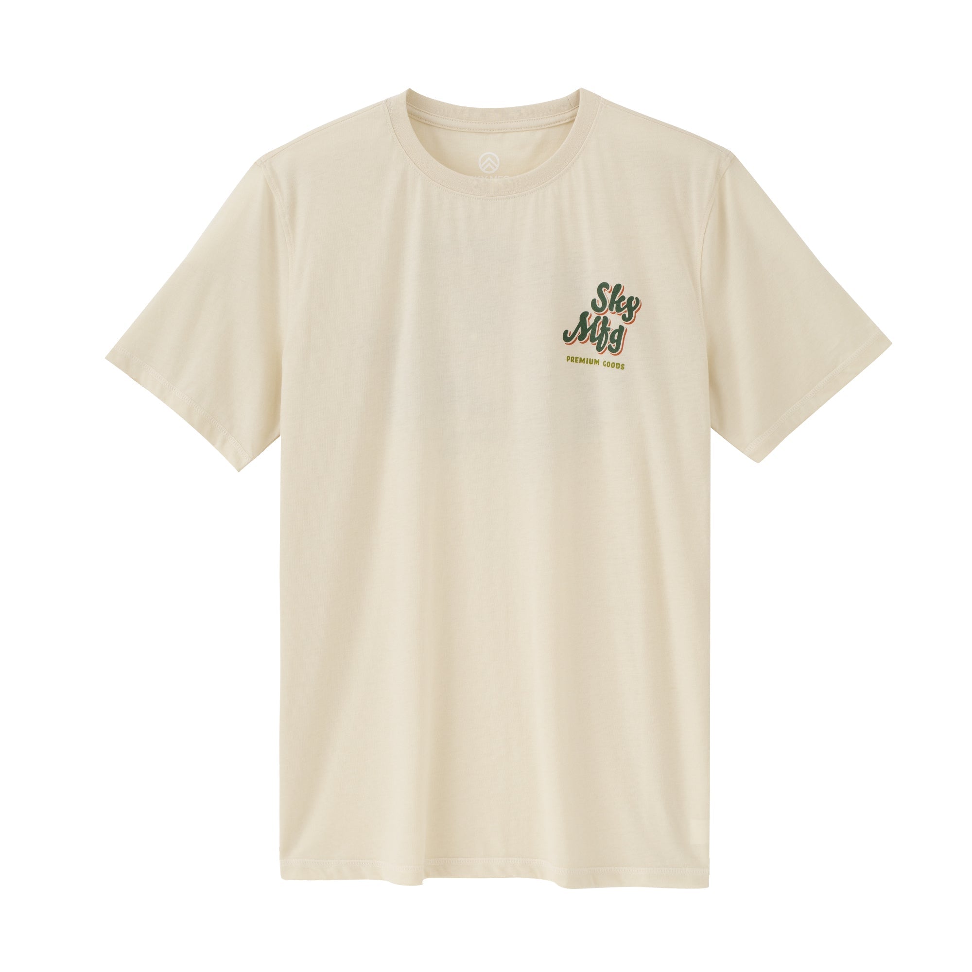Cream short-sleeve crew neck t-shirt with small chest graphic logo, flat lay front view