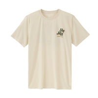 Cream short-sleeve crew neck t-shirt with small chest graphic logo, flat lay front view