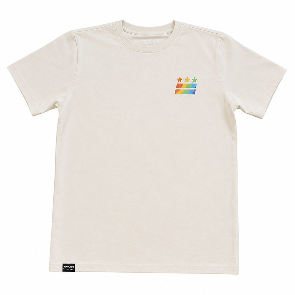 Off-white heavyweight short sleeve t-shirt with rainbow pride flag graphic on left chest