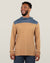 Long sleeve hooded shirt with tan body and blue shoulders worn by smiling man