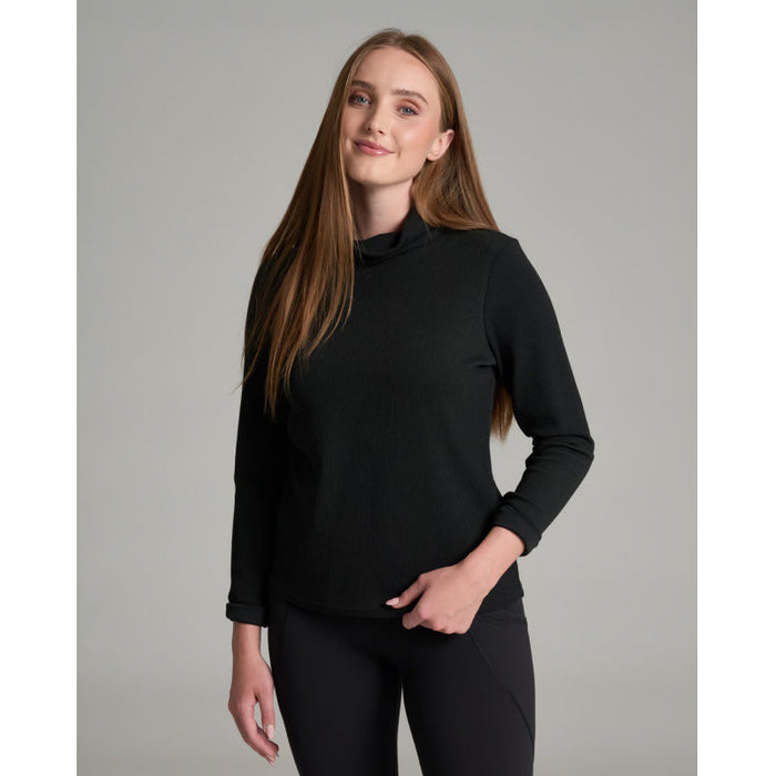 Women's black ribbed mock-neck pullover with long sleeves, front view on model