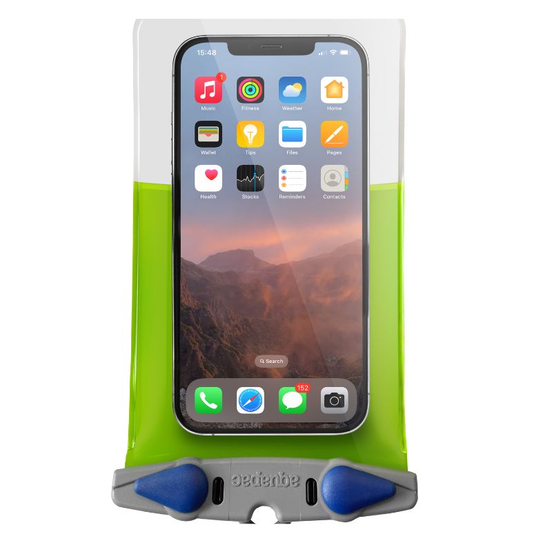 Waterproof phone case in green with gray base holding smartphone, front view