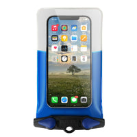 Waterproof phone case with clear window and blue accents containing smartphone