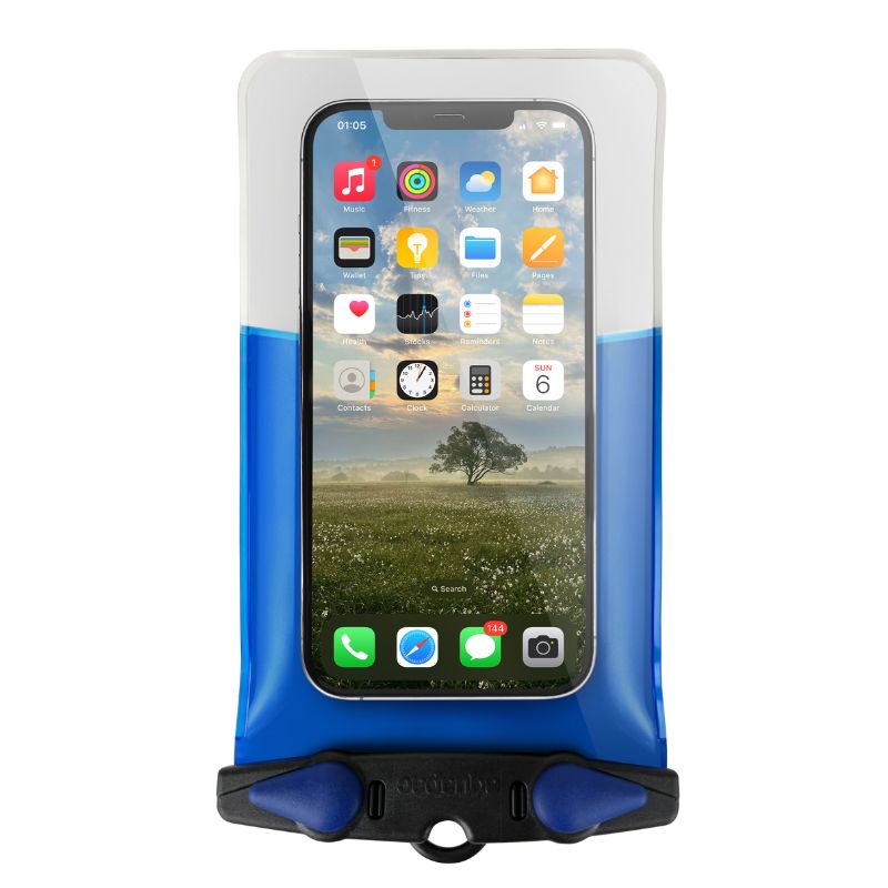 Waterproof phone case with clear window and blue accents containing smartphone