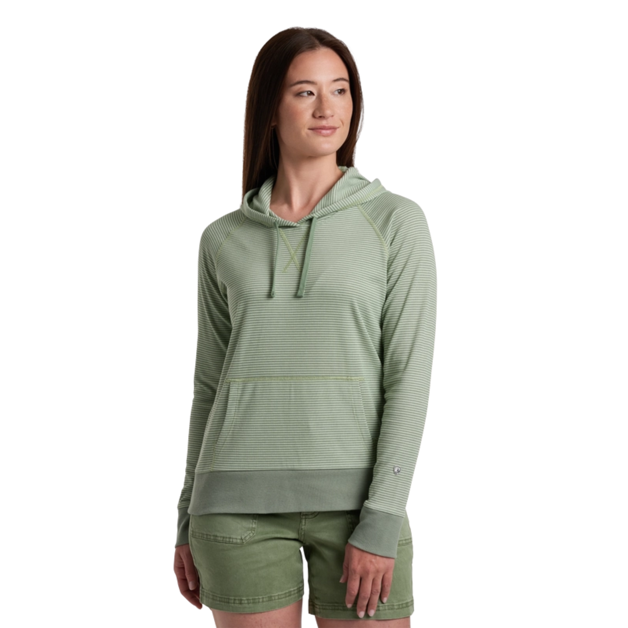 Women's striped pullover hoodie with kangaroo pocket and drawstrings, front view