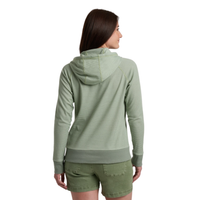 Women's striped pullover hoodie in sage green, back view on model