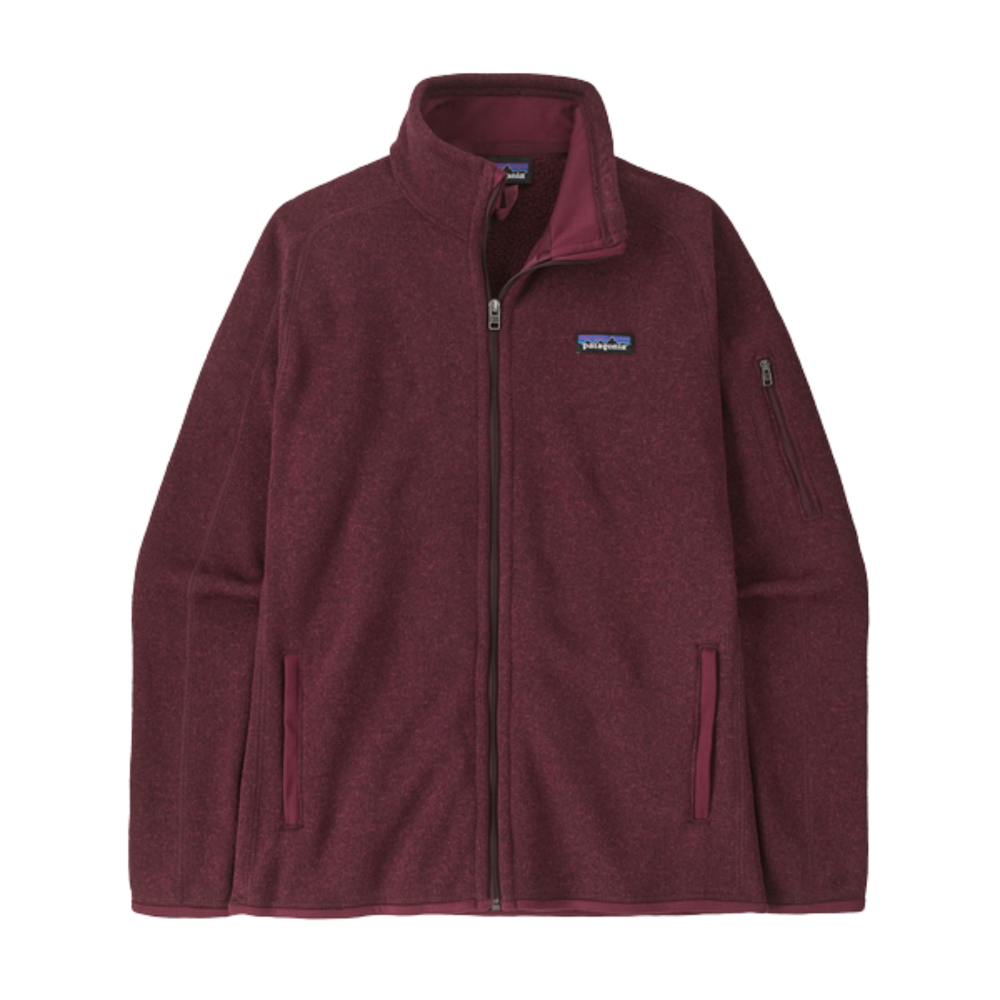 Deep burgundy full-zip fleece jacket with stand collar, hand pockets, and arm zip pocket, front view