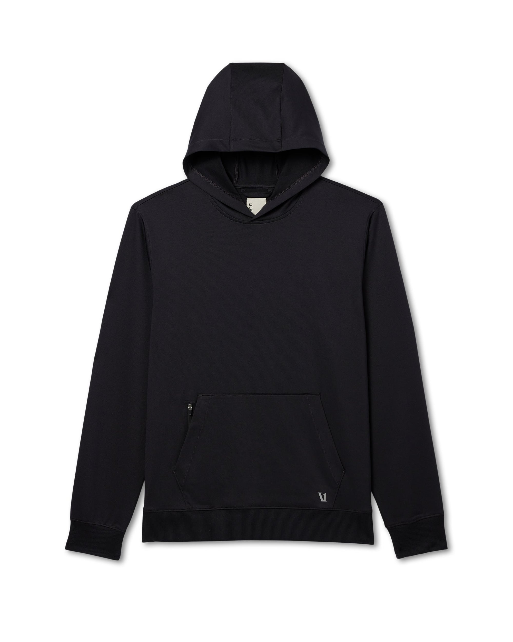 Black pullover hoodie with kangaroo pocket and small logo, front flat lay view