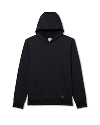 Black pullover hoodie with kangaroo pocket and small logo, front flat lay view