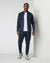 Men's full-zip hooded athletic jacket in dark navy heather, front view, full body