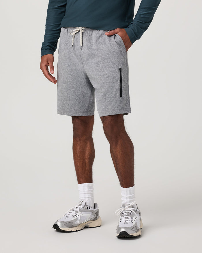 Men's grey heather athletic shorts with drawstring waist and side zip pocket, front view