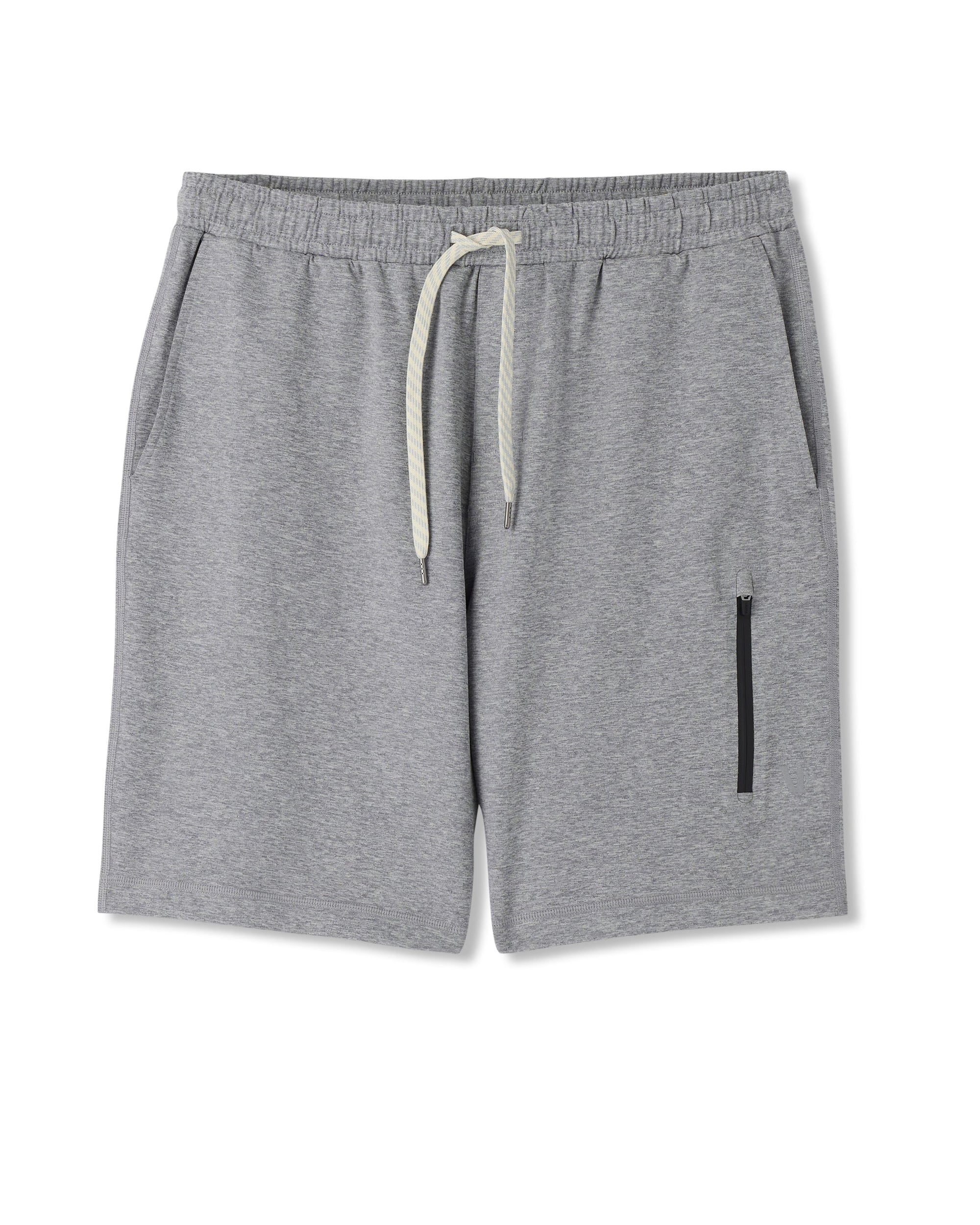 Men's grey heather athletic shorts with drawstring waist and side zip pocket, flat lay view