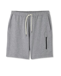 Men's grey heather athletic shorts with drawstring waist and side zip pocket, flat lay view
