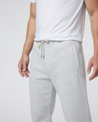 Men's grey heather sweatpants detail shot showing drawstring waist and side pocket