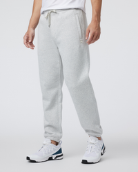 Men's grey heather jogger sweatpants with elastic cuffs and drawstring waist, side view