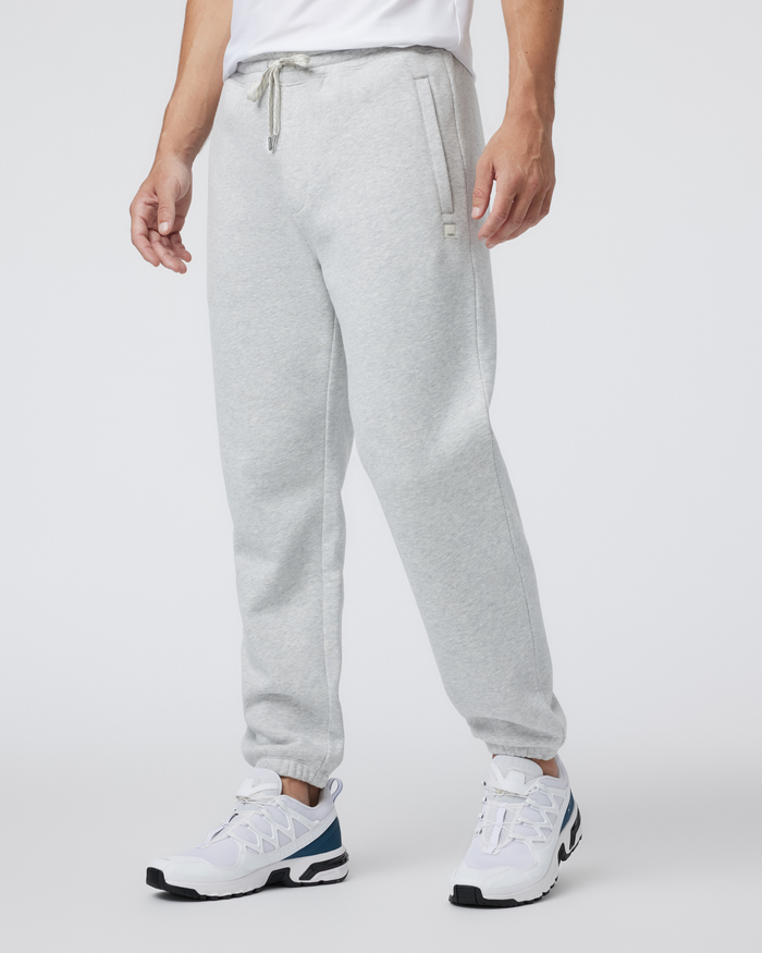 Men's grey heather jogger sweatpants with elastic cuffs and drawstring waist, side view
