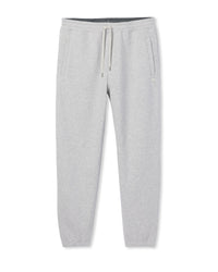 Light grey men's jogger sweatpants with drawstring waist and tapered cuffed ankles, flat lay view