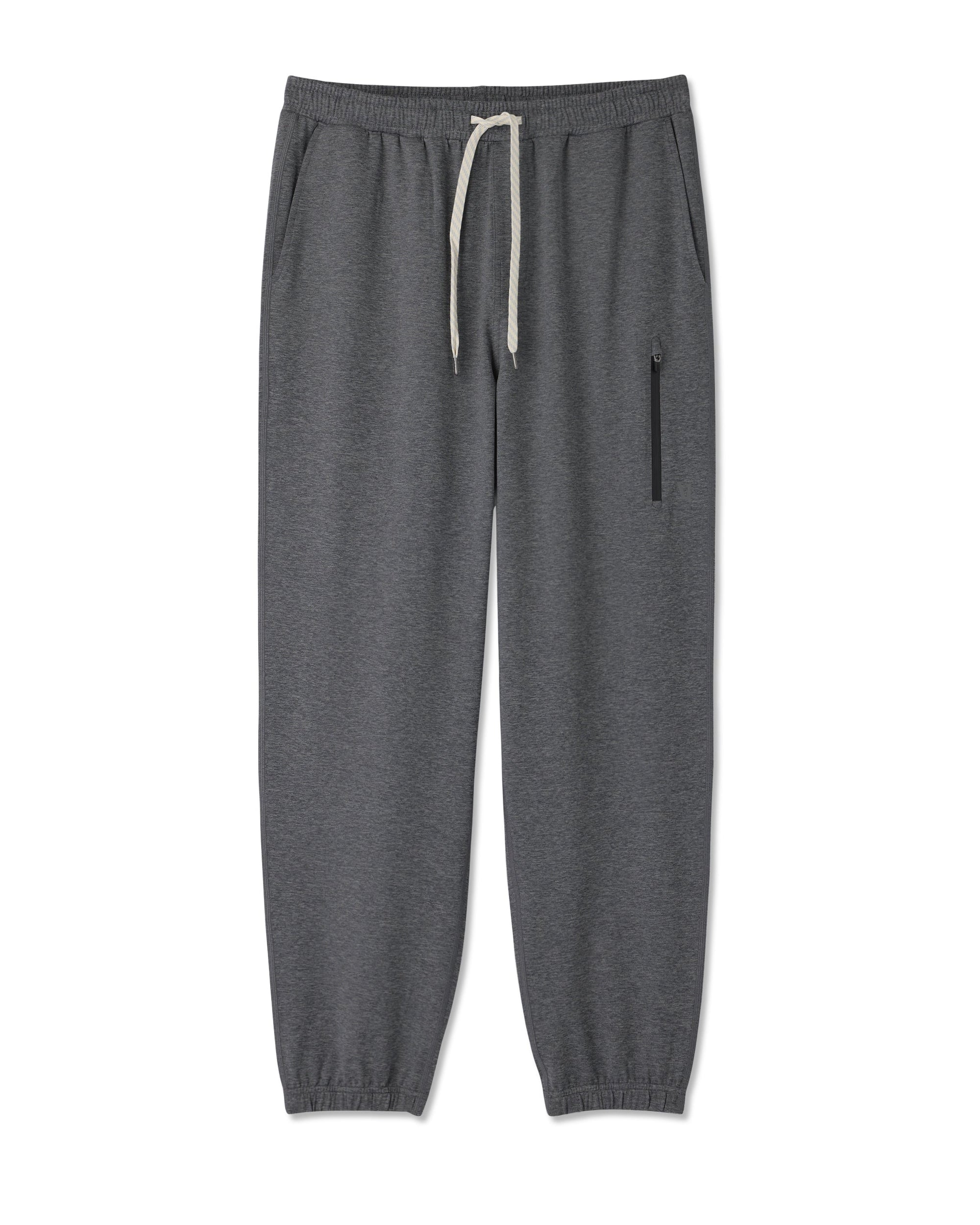 Dark gray heathered sweatpants with elastic waistband, drawstring, and side zip pocket