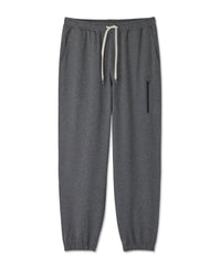 Dark gray heathered sweatpants with elastic waistband, drawstring, and side zip pocket
