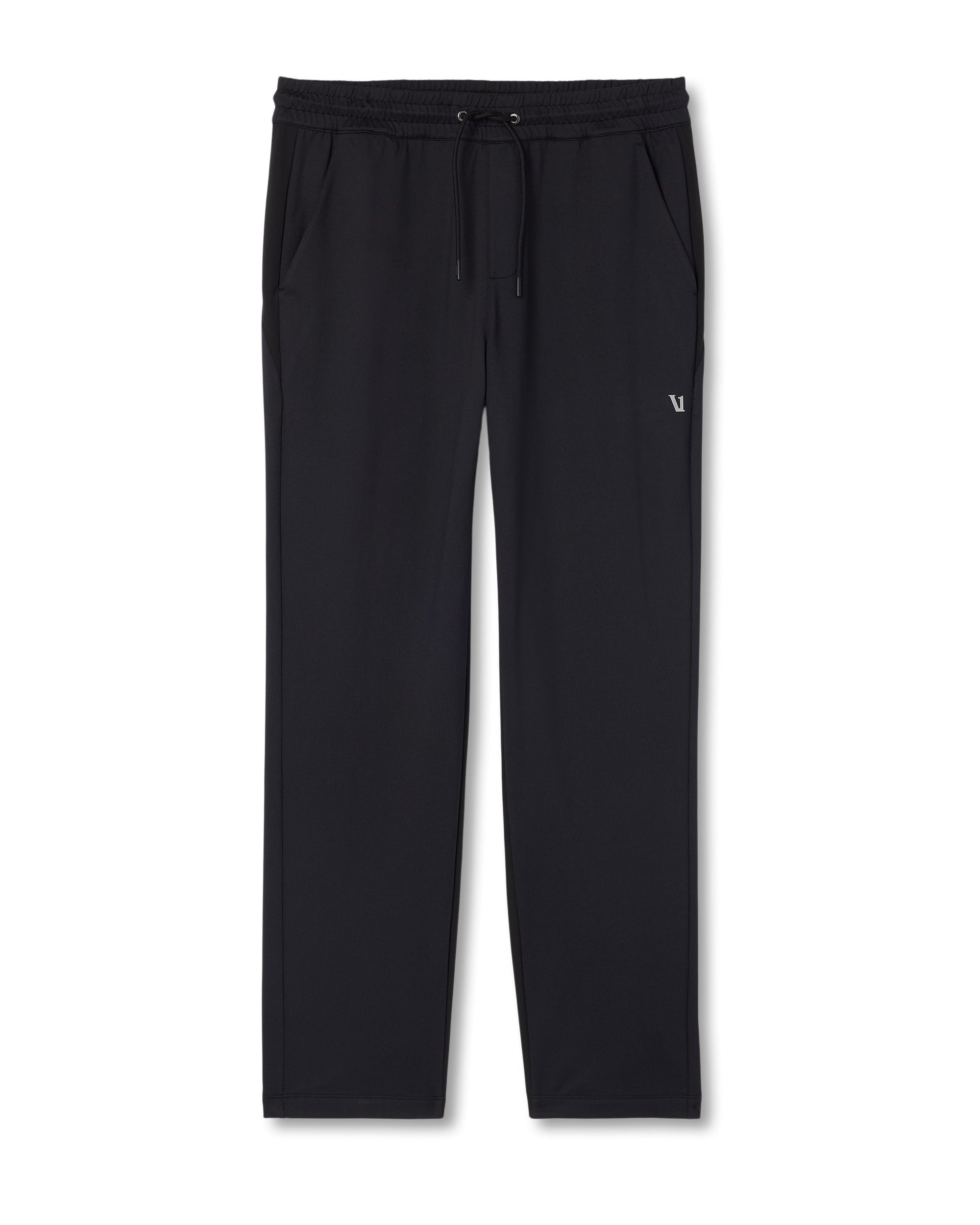Black men's straight-leg track pants with elastic drawstring waist and side pockets, flat lay view