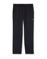 Black men's straight-leg track pants with elastic drawstring waist and side pockets, flat lay view