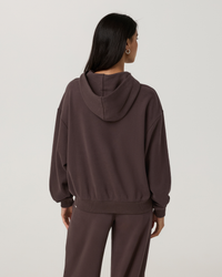 Women's pullover hoodie in dark brown, back view, oversized fit with matching sweatpants