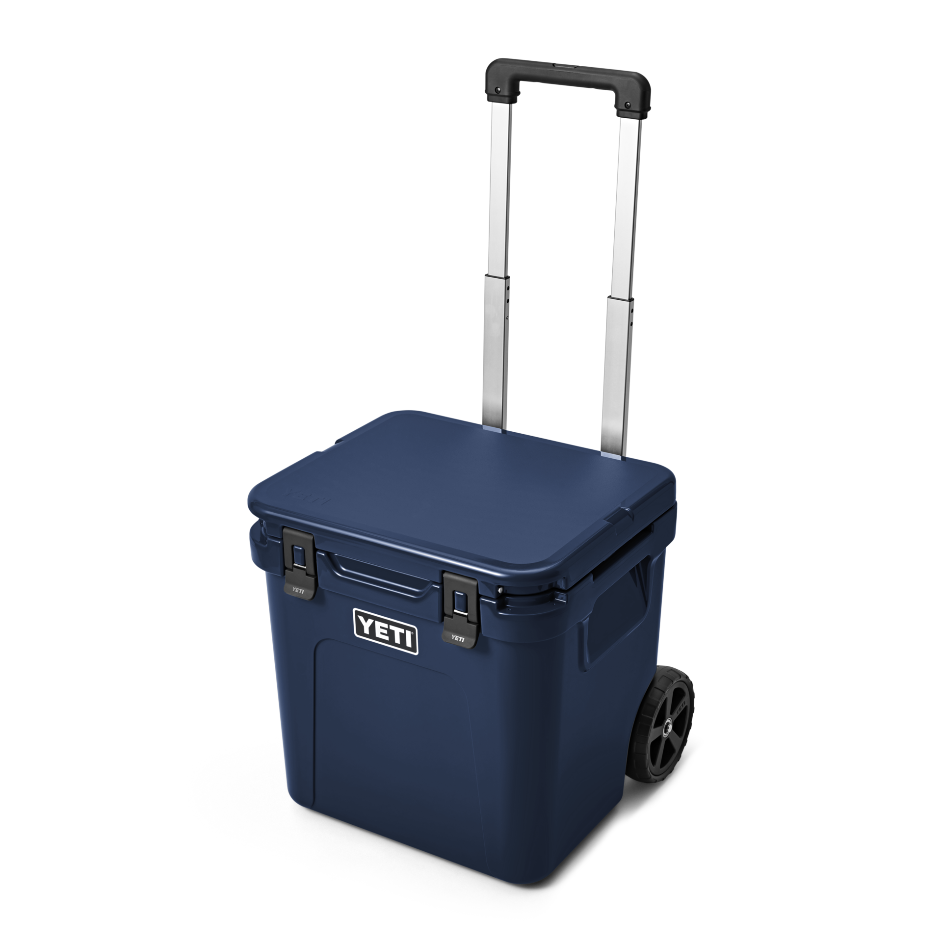 Rolling wheeled cooler with extended handle and two wheels, three-quarter front view