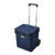 Rolling wheeled cooler with extended handle and two wheels, three-quarter front view