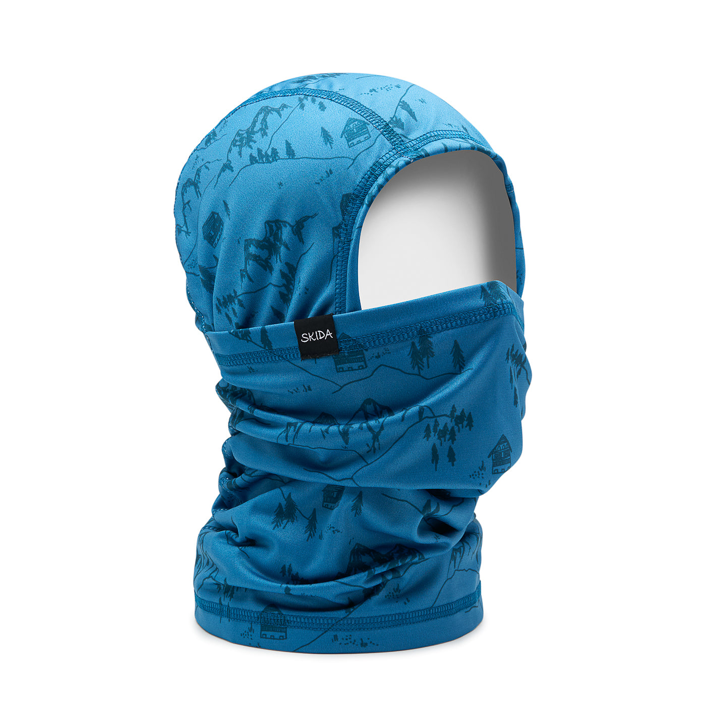 Blue patterned balaclava with mountain scene print, shown on ghost mannequin, front angle view
