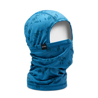 Blue patterned balaclava with mountain scene print, shown on ghost mannequin, front angle view