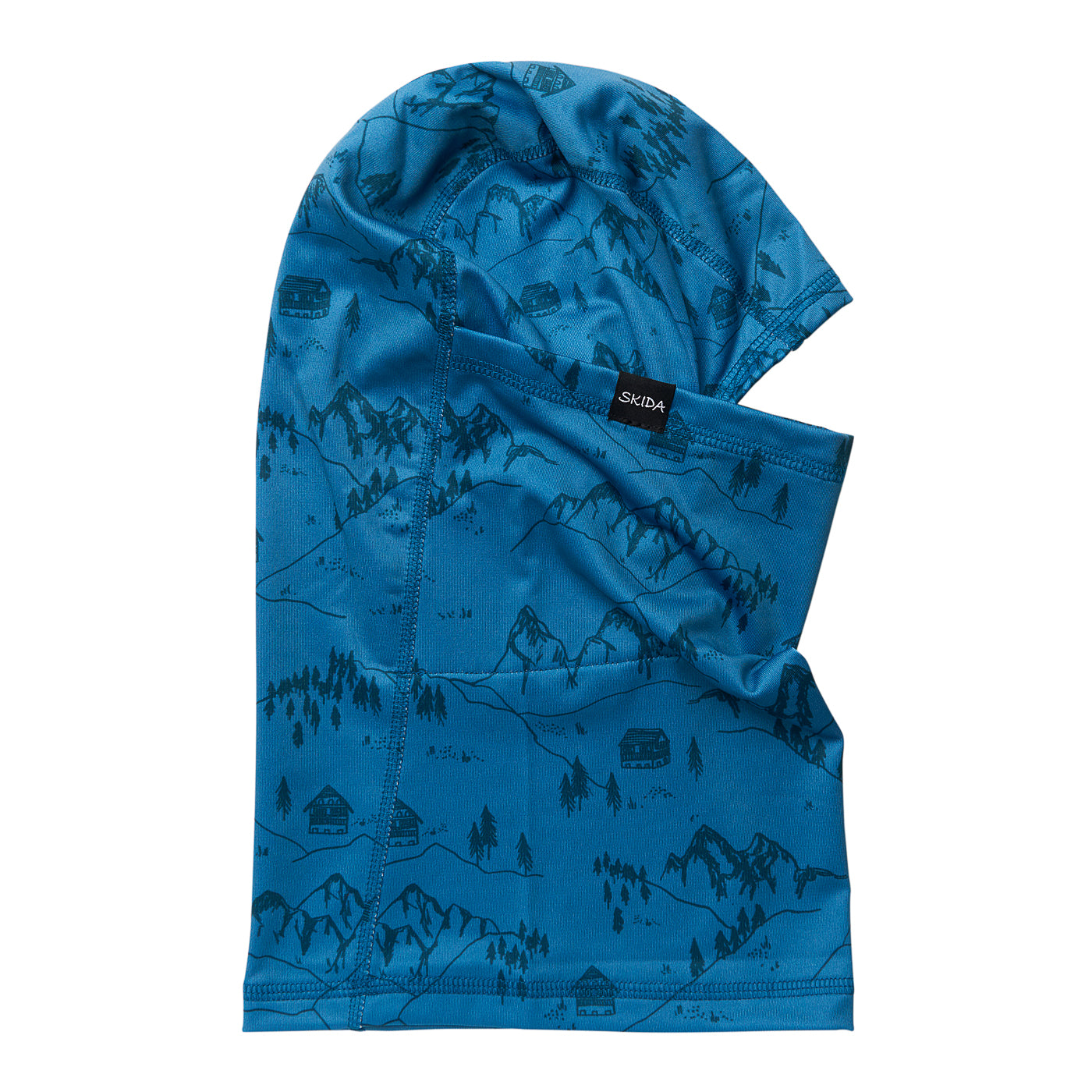 Blue balaclava with mountain cabin and forest scenic print, flat lay view