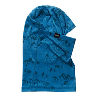 Blue balaclava with mountain cabin and forest scenic print, flat lay view