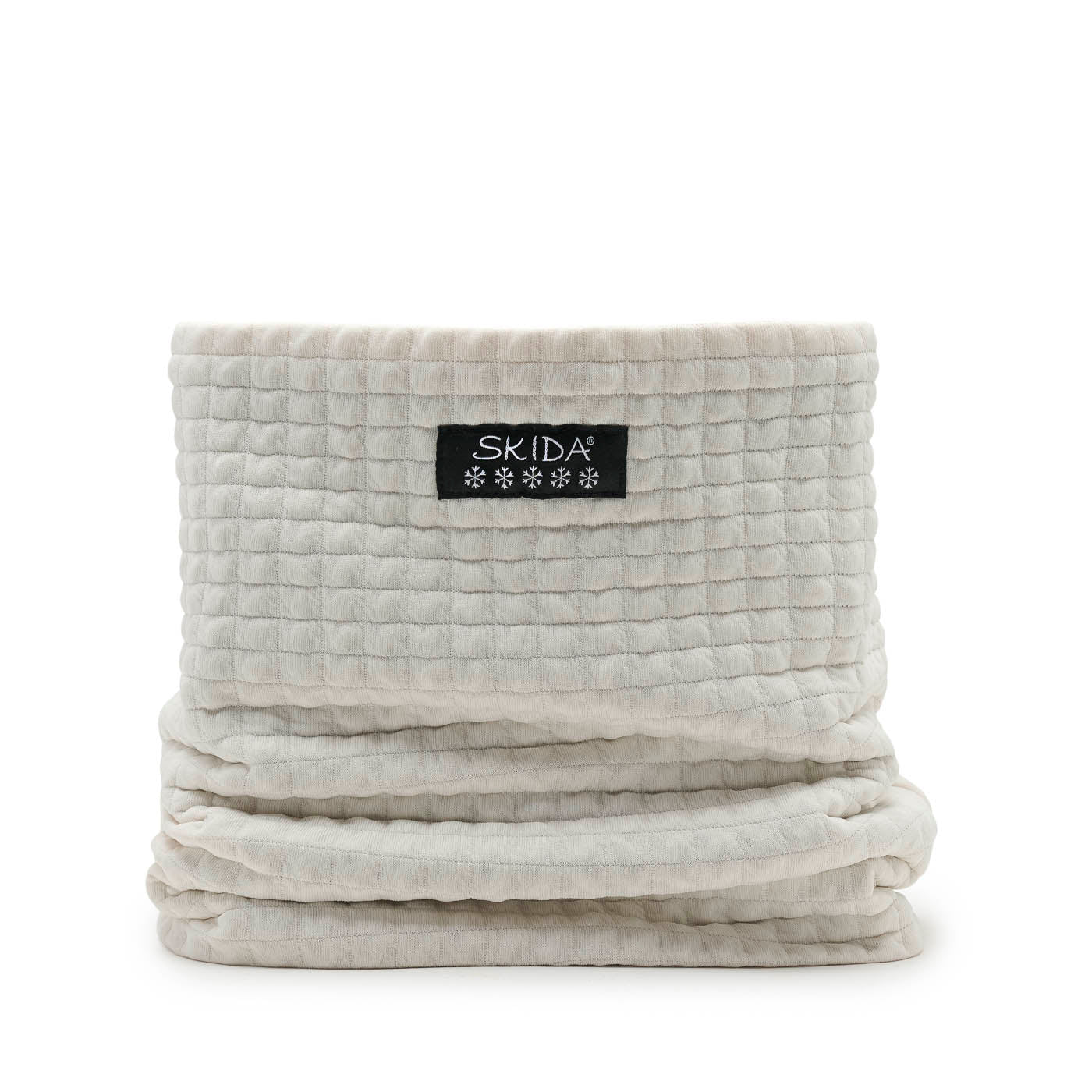 Quilted grid-textured neck warmer gaiter in off-white, folded flat, front view