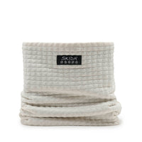 Quilted grid-textured neck warmer gaiter in off-white, folded flat, front view