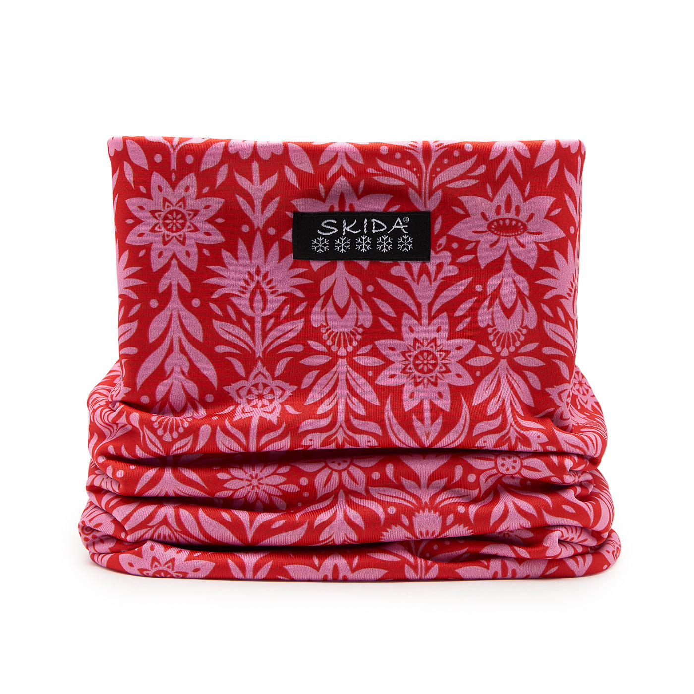 Red and pink floral patterned neck gaiter folded flat, front view with brand label visible