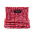 Red and pink floral patterned neck gaiter folded flat, front view with brand label visible