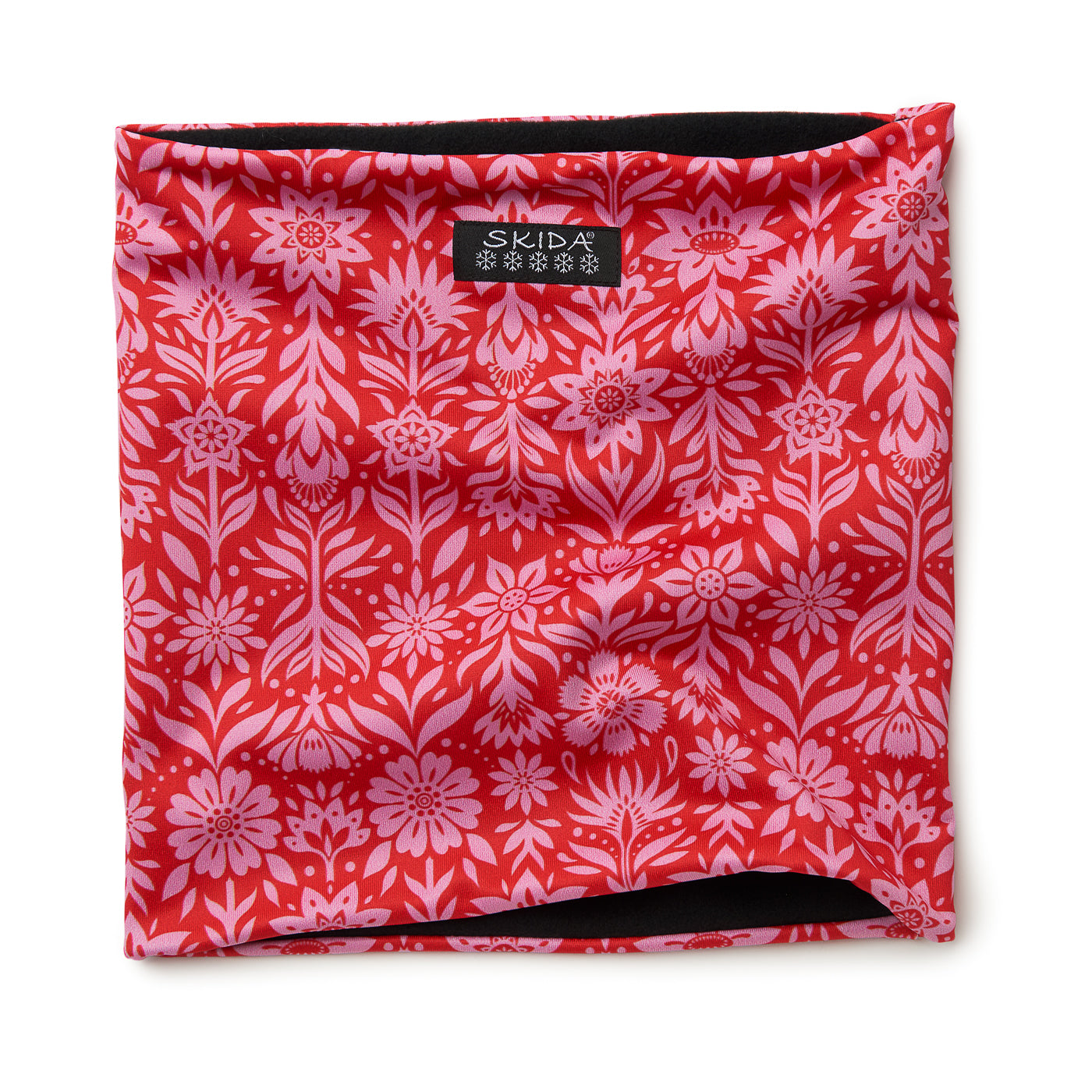 Red and pink floral patterned neck gaiter with black fleece lining, flat lay view
