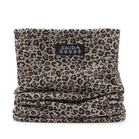Leopard print neck gaiter tube scarf with black and tan pattern, flat lay view