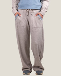 Wide-leg fleece sweatpants with drawstring waist, front patch pockets, and blue contrast pocket trim, front view