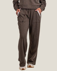 Wide-leg fleece sweatpants with contrast pocket trim and drawstring waist, front view