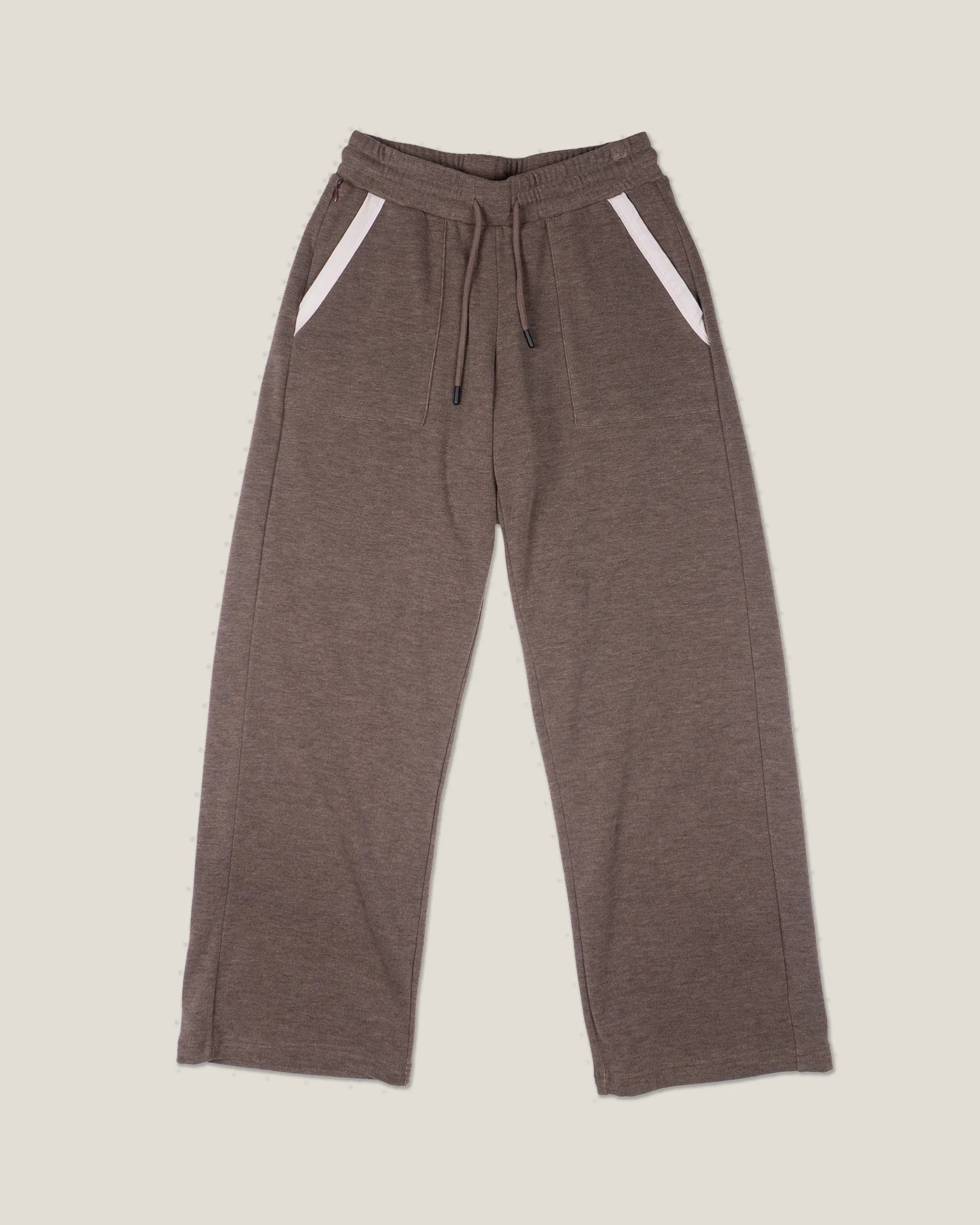 Wide-leg fleece sweatpants with drawstring waist and white-trimmed side pockets, front view