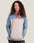 Women's colorblock fleece pullover with snap collar, blue and cream panels, front view on model