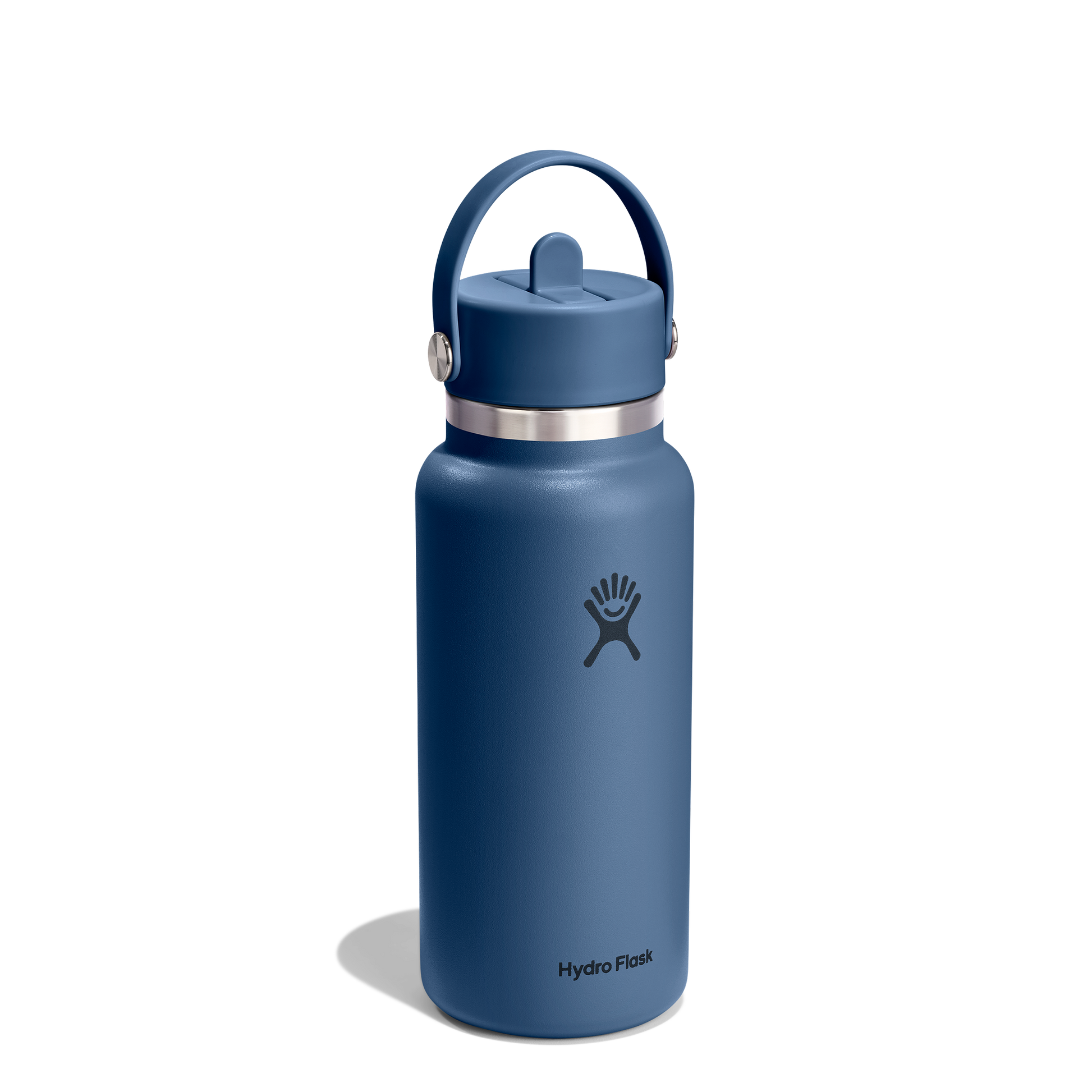 32oz wide-mouth insulated steel water bottle with flex straw lid and carry handle, front view