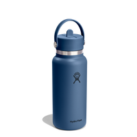 32oz wide-mouth insulated steel water bottle with flex straw lid and carry handle, front view