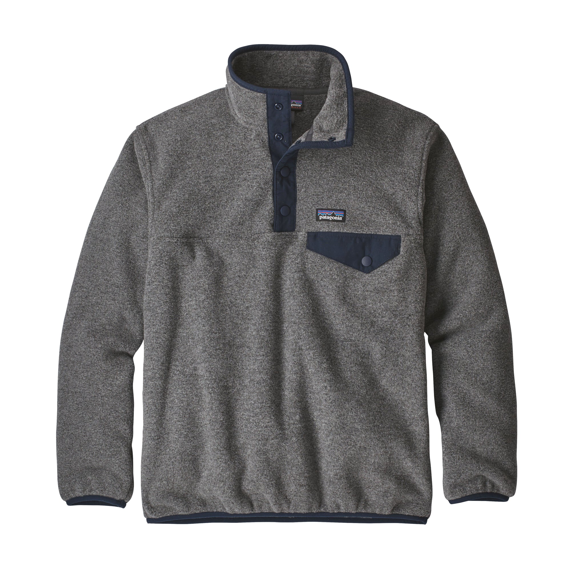 Gray fleece pullover with navy snap collar, chest pocket, and contrast trim, front view