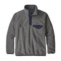 Gray fleece pullover with navy snap collar, chest pocket, and contrast trim, front view