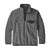 Gray fleece pullover with navy snap collar, chest pocket, and contrast trim, front view