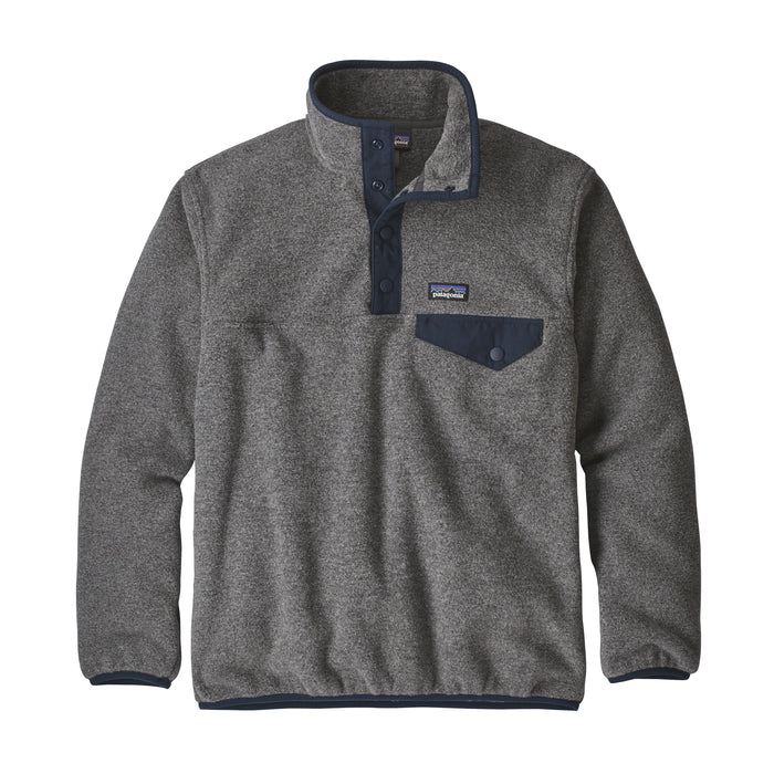 Gray fleece pullover with navy snap collar, chest pocket, and contrast trim, front view
