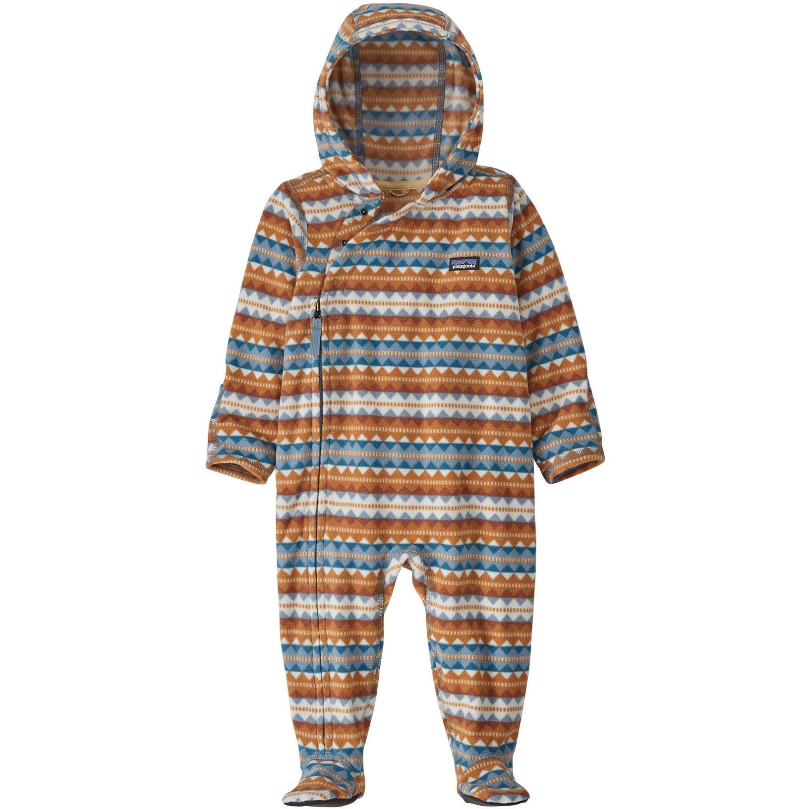 Hooded infant bunting with geometric striped pattern in orange and blue tones